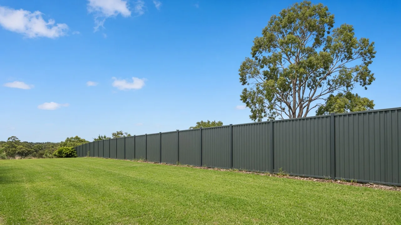 Illustrative steel boundary fence beside a lawn, AI-generated stand-in